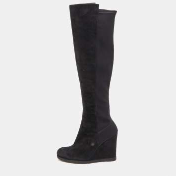 Pre Owned Stuart Weitzman Black Suede Knee Length Wedge Boots Size 37.5