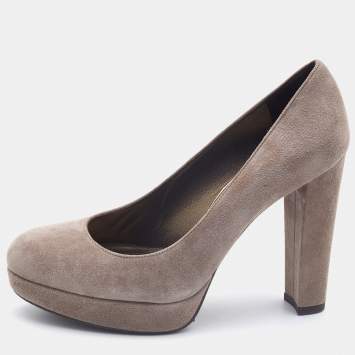 Pre Owned Stuart Weitzman Grey Suede Block Heel Pumps Size 37.5