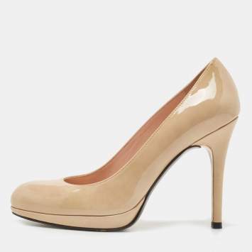 Pre Owned Stuart Weitzman Beige Patent Leather Round Toe Pumps Size 37.5