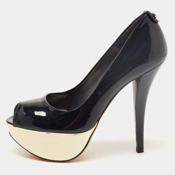 Pre Owned Stuart Weitzman Black Patent Leather Platform Peep Toe Pumps Size 35.5