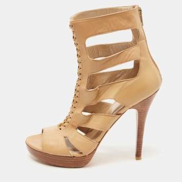 Pre Owned Stuart Weitzman Beige Leather Chain Strappy Cage Sandals Size 38