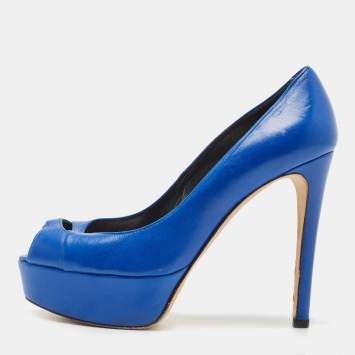 Pre Owned Stuart Weitzman Blue Leather Peep Toe Platform Pumps Size 37