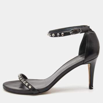 Pre Owned Stuart Weitzman Black Leather Studded Ankle Strap Sandals Size 39