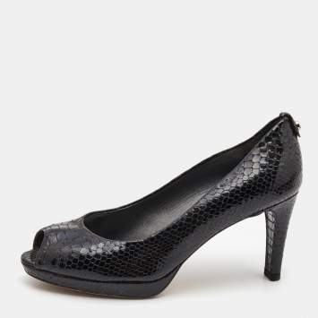 Pre Owned Stuart Weitzman Black Python Embossed Leather Peep Toe Platform Pumps Size 39