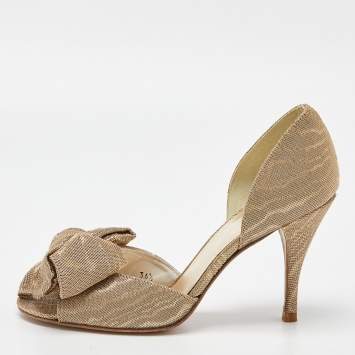 Pre Owned Stuart Weitzman Gold Glitter Fabric Bow Open Toe D'orsay Pumps Size 36.5