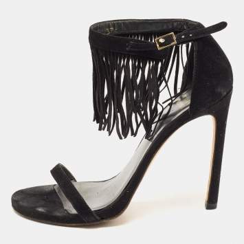 Pre Owned Stuart Weitzman Black Suede Love Fringe Ankle Strap Sandals Size 37.5