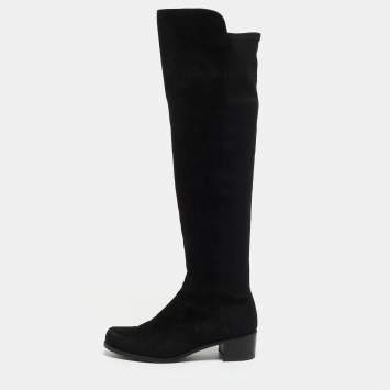 Pre Owned Stuart Weitzman Black Suede and Fabric Knee Length Boots Size 36.5