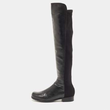 Pre Owned Stuart Weitzman Black Leather And Stretch Fabric Knee Length Boots Size 37