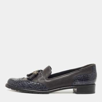 Pre Owned Stuart Weitzman Grey/Black Python embossed and Leather Tassel Loafers  Size 37