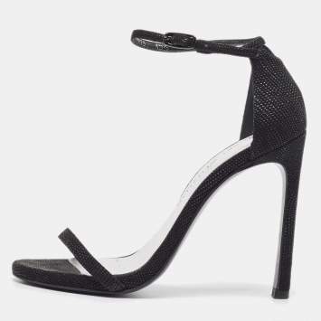 Pre Owned Stuart Weitzman Black Textured Suede Open Toe Ankle Strap Sandals Size 35.5