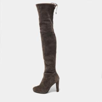 Pre Owned Stuart Weitzman Grey Suede Knee Length Boots Size 37.5