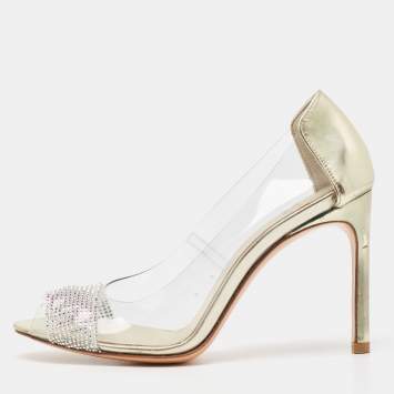 Pre Owned Stuart Weitzman Gold Leather and PVC Crystal Embellished Open Toe Pumps Size 38.5