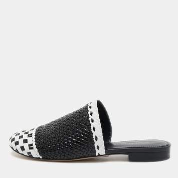 Pre Owned Stuart Weitzman Black/White Woven Leather Indiana Flat Mules Size 35