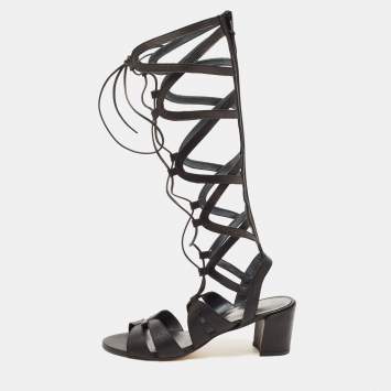 Pre Owned Stuart Weitzman Black Leather Grecian Gladiator Sandals Size 40