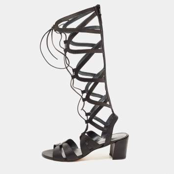 Pre Owned Stuart Weitzman Black Leather Grecian Gladiator Sandals Size 36