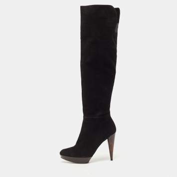 Pre Owned Stuart Weitzman Black Suede Ledyland Knee Length Boots Size 38.5