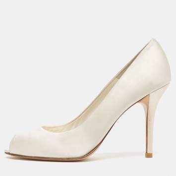 Pre Owned Stuart Weitzman White Satin Peep Toe Pumps Size 40.5