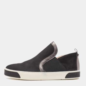Pre Owned Stuart Weitzman Black/Metallic Nubuck and Leather Slip On Sneakers Size 40