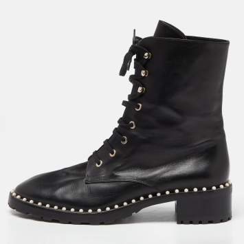 Pre Owned Stuart Weitzman Black Leather Sondra Pearl Embellished Ankle Boots Size 40