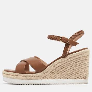 Pre Owned Stuart Weitzman Brown Leather Mykonos Wedge Espadrille Sandals Size 40.5