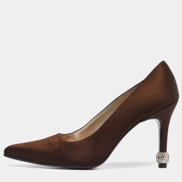 Pre Owned Stuart Weitzman Brown Satin Pointed Toe Pumps Size 39.5
