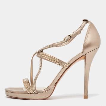 Pre Owned Stuart Weitzman Metallic Gold Leather Crystal Embellished Ankle Strap Sandals Size 37.5