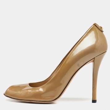 Pre Owned Stuart Weitzman Beige Patent Leather Peep Toe Pumps Size 41