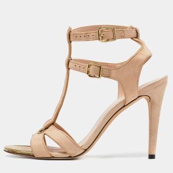 Pre Owned Stuart Weitzman Beige Suede Open Toe T-Strap Sandals Size 39.5