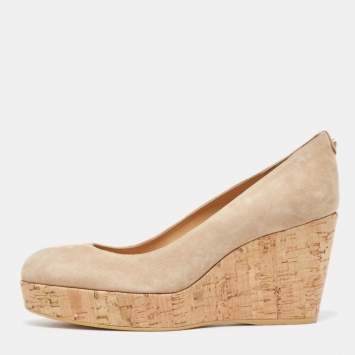 Pre Owned Stuart Weitzman Beige Suede Cork Platform Wedge Pumps Size 41