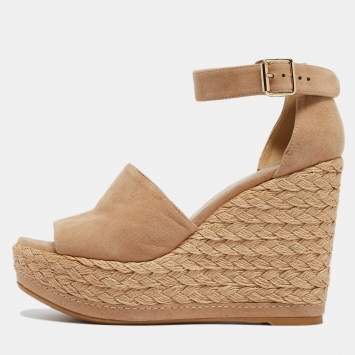 Pre Owned Stuart Weitzman Beige Suede Ankle Strap Platform Espadrille Sandals Size 38
