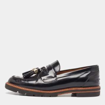 Pre Owned Stuart Weitzman Black Leather The Manila Tassel Slip On Loafers Size 40