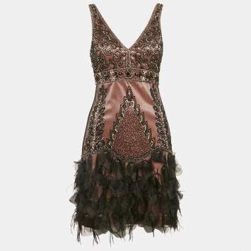 Pre Owned Sue Wong Black/Pink Embellished Tulle Feather Detail Sleeveless Mini Dress S