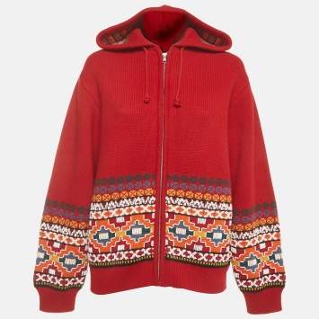 مملوكة مسبقًا Supreme Red Beaded Pattern Knit Zip-Up Hooded Sweater S