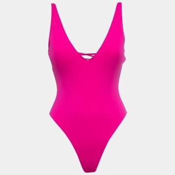 Pre Owned TA3 Pink Jersey Lace Up High Cut Plungey Swimsuit S