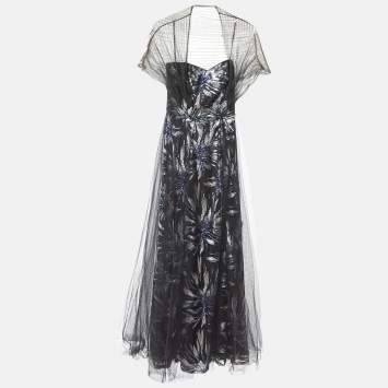 Pre Owned Tadashi Shoji Black Floral Sequined Tulle Draped Gown XS 