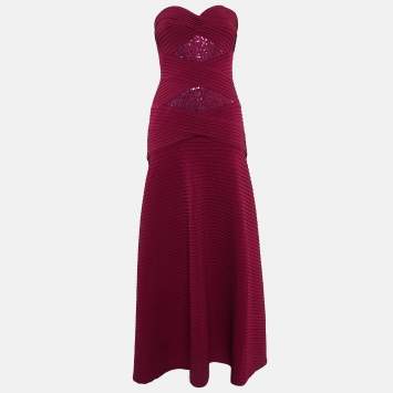 Pre Owned Tadashi Shoji Pink Sequin Embellished Jersey Strapless Gown XS