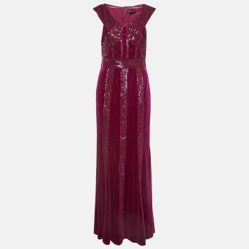 Pre Owned Tadashi Shoji Pink Sequin Embellished Stretch Velvet Rhea Gown M