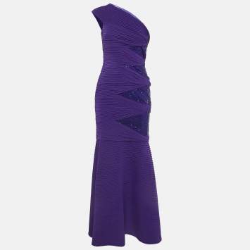 Pre Owned Tadashi Shoji Purple Pintuck Jersey Sequin Detail One Shoulder Gown XS