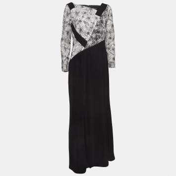 Pre Owned Tadashi Shoji Black/White Crepe & Lace Full Sleeve Maxi Dress M