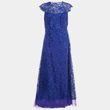 Pre Owned Tadashi Shoji Blue Floral Lace Cap Sleeve Milien Gown L