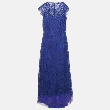 Tadashi Shoji Blue Floral Lace Cap Sleeve Milien Gown L