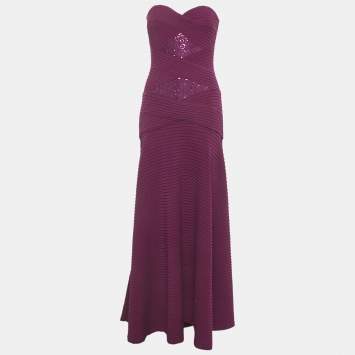Pre Owned Tadashi Shoji Burgundy Sequin Embellished Jersey Strapless Gown XS
