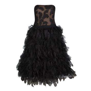 Pre Owned Tadashi Shoji Black Tulle Embroidered Faux Feather Strapless Dress M