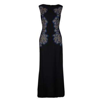 Pre Owned Tadashi Shoji Black Lace Applique Side Panel Detail Embellished Sleeveless Gown M