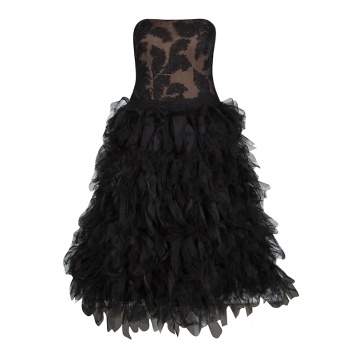 Pre Owned Tadashi Shoji Black Tulle Embroidered Faux Feather Strapless Dress M