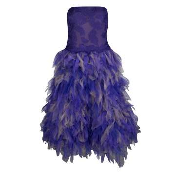 Pre Owned Tadashi Shoji Purple and Begie Tulle Embroidered Faux Feather Strapless Dress M
