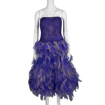 Pre Owned Tadashi Shoji Purple and Begie Tulle Embroidered Faux Feather Strapless Dress L