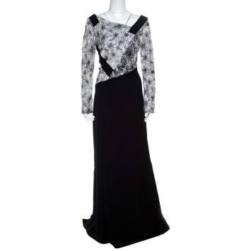 Pre Owned Tadashi Shoji Monochrome Floral Embroidered Marissa Gown M