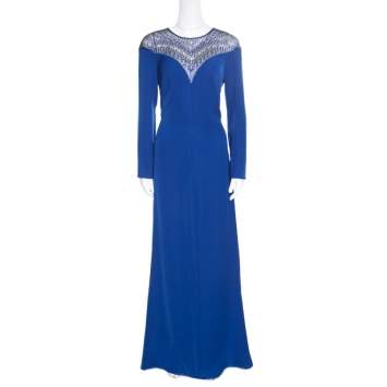 Pre Owned Tadashi Shoji Royal Blue Crepe Embellished Yoke Detail Evening Gown M