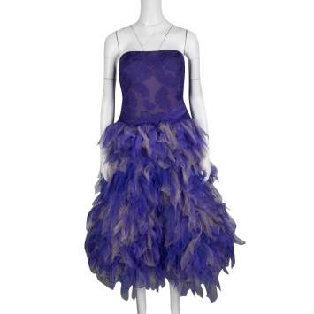 Pre Owned Tadashi Shoji Purple and Begie Tulle Embroidered Faux Feather Strapless Dress L
